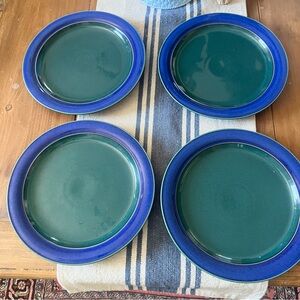 Denby Metz Green Blue Rim Speckled Set of 4 Dinner Plates